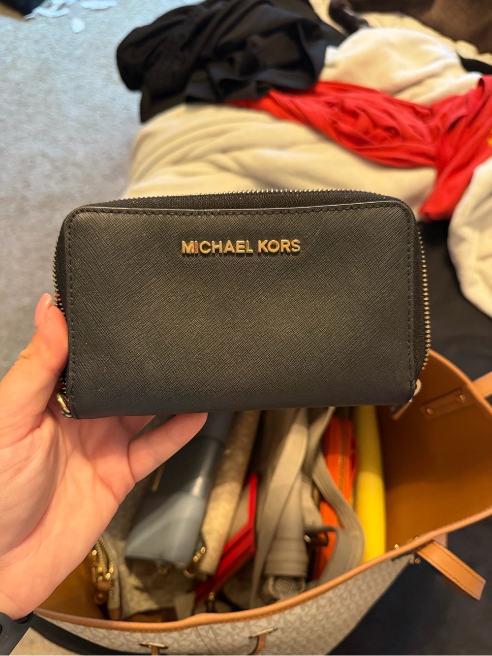 Michael Kors Black Saffiano Leather Zip Wallet with Gold Logo